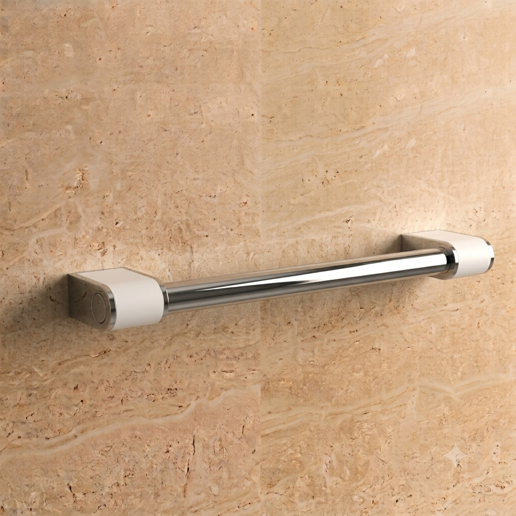 Barre d’appui droite Onyx 2 AKW avec finition chromée installée sur un mur clair.