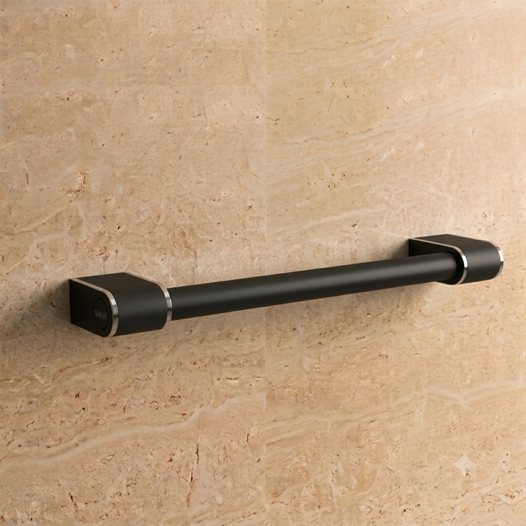 Barre d’appui droite Onyx 2 noire AKW installée sur un mur clair.