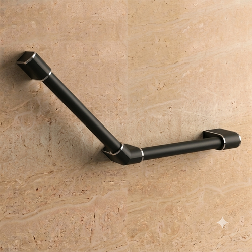 Barre d’appui Onyx 2 noire AKW coudée à 135 degrés pour salle de bains accessible PMR.