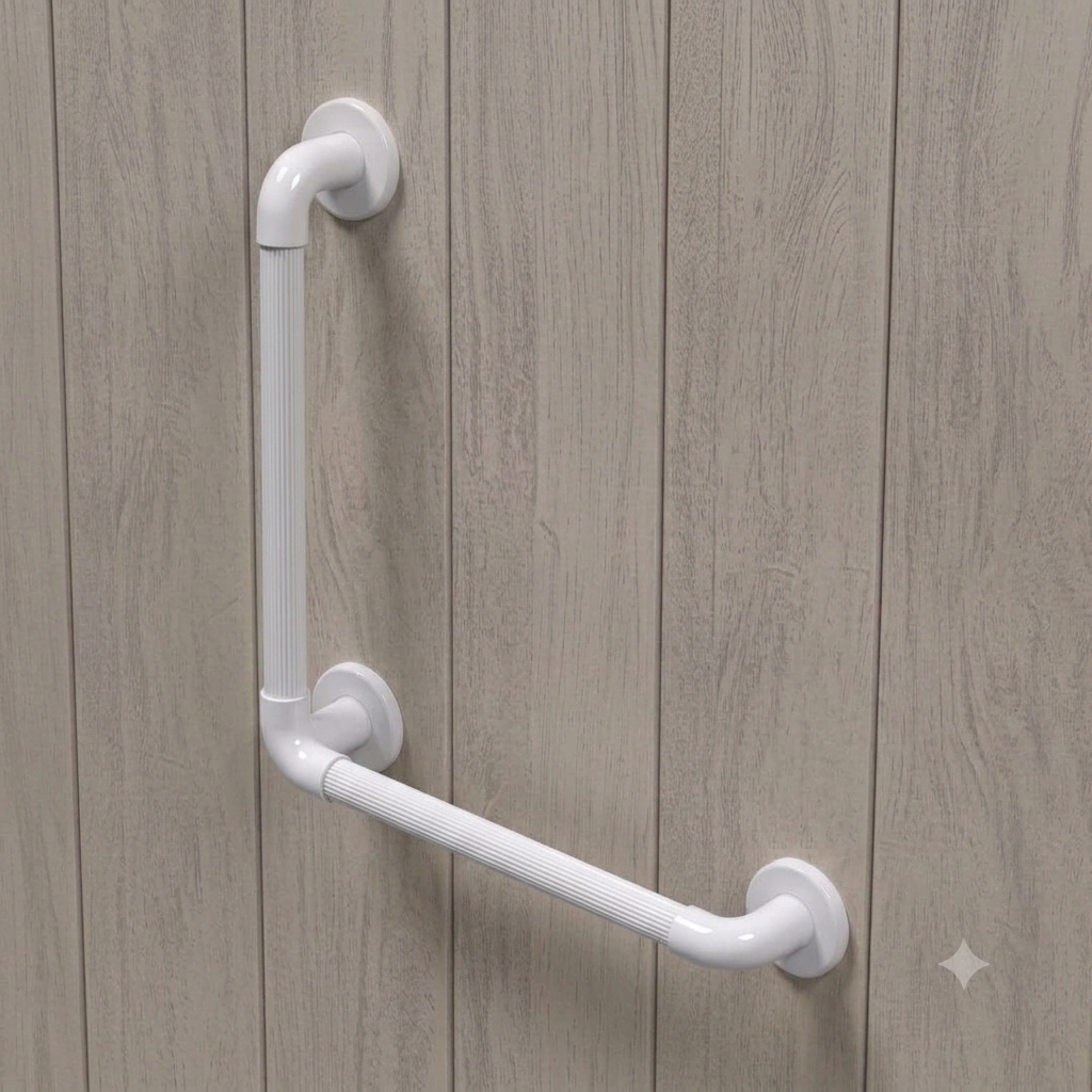 Barre d’appui PVC blanche cannelée coudée à 90 degrés 600 x 600 mm AKW.