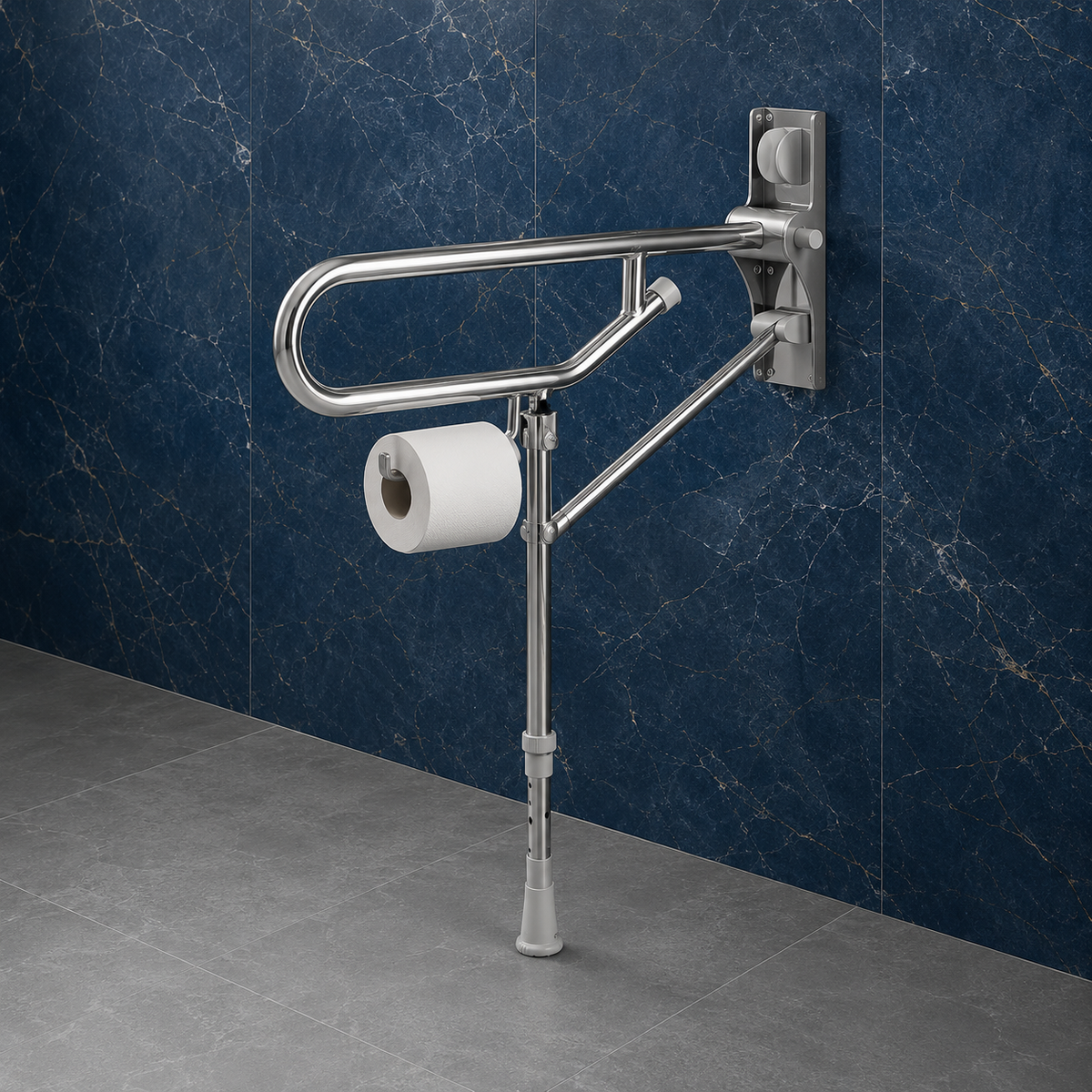 Barre d’appui rabattable chromée AKW avec pied fixe et porte-rouleau pour WC accessible.