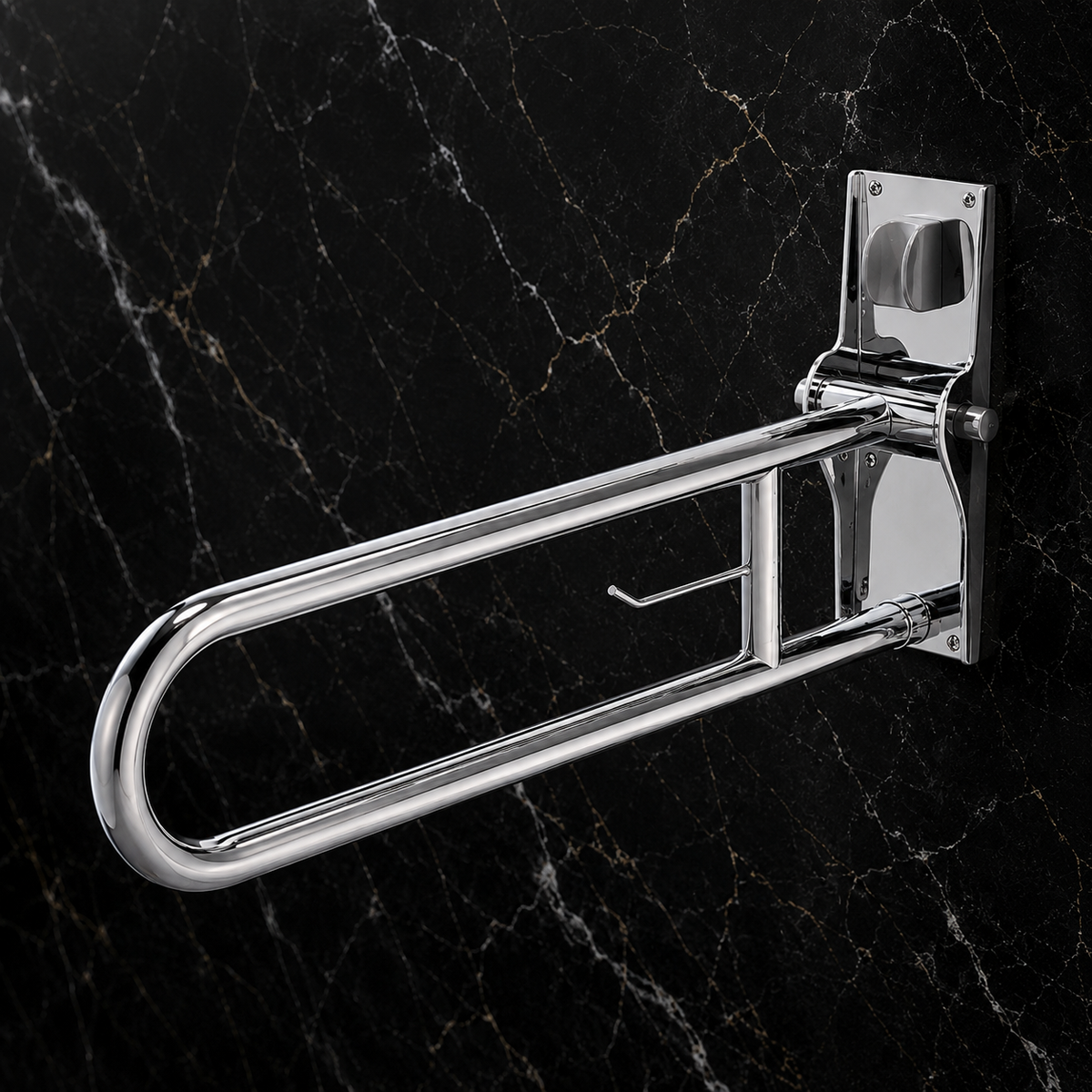 Barre d’appui rabattable chromée sans pied AKW pour WC et salle de bains accessibles PMR.