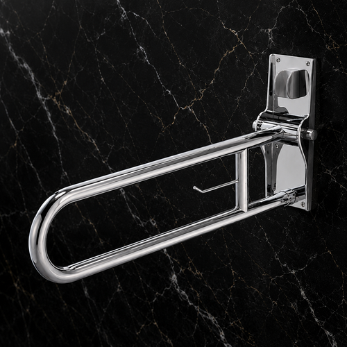 Barre d’appui rabattable chromée sans pied AKW pour WC et salle de bains accessibles PMR.