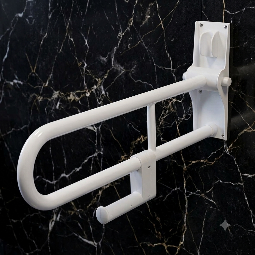 Barre d’appui rabattable époxy blanche sans pied AKW pour toilettes accessibles PMR.