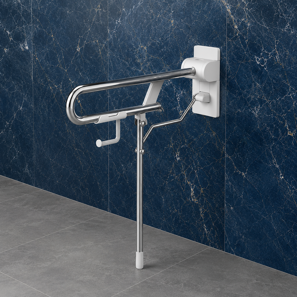 Barre d’appui rabattable Rugao blanche et chromée AKW avec pied ajustable pour WC PMR.