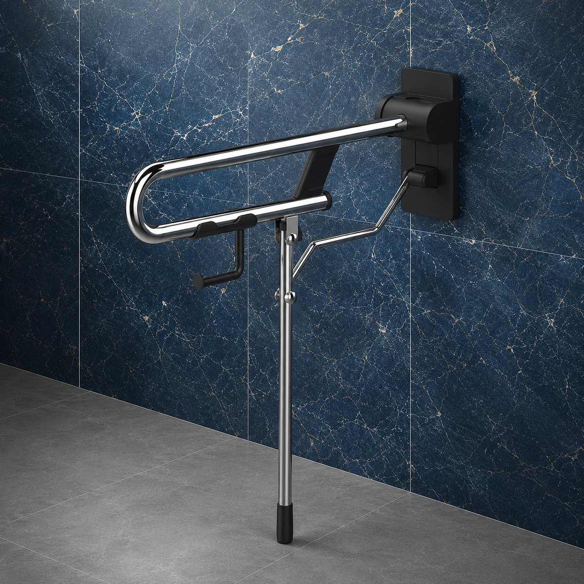 Barre d’appui rabattable Rugao gris anthracite et chromé AKW avec pied ajustable pour WC PMR.