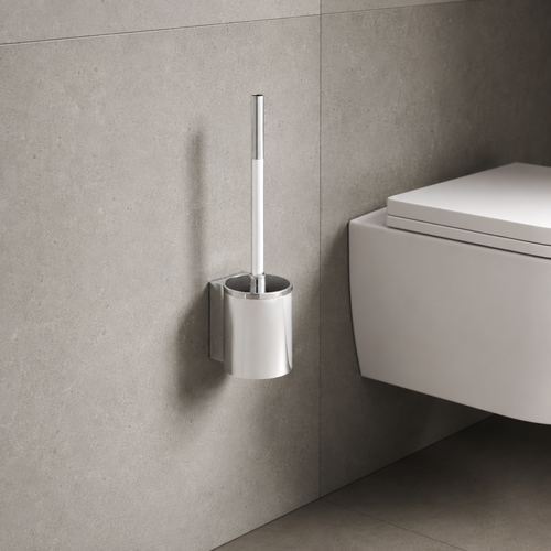 Brosse WC murale Onyx blanche AKW avec support suspendu à côté des toilettes.