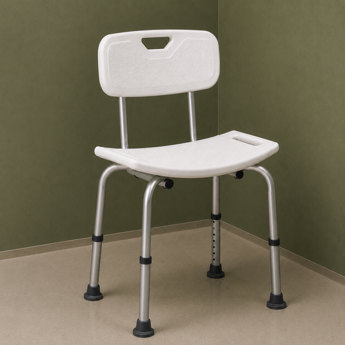 Chaise de douche Série 2000 blanche AKW avec dossier et pieds réglables pour utilisateur PMR.