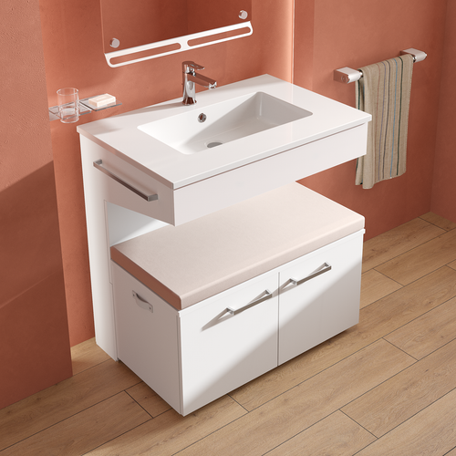 Meuble vasque Tékio blanc AKW avec caisson mobile, conçu pour une salle de bains accessible PMR.