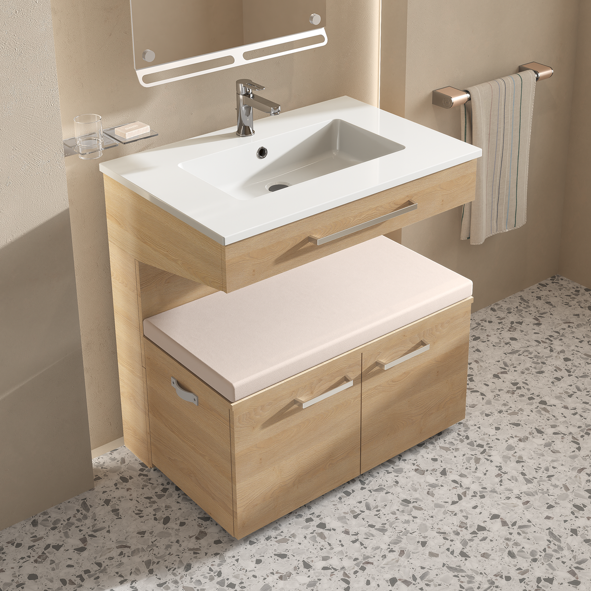 Meuble vasque Tékio décor chêne AKW avec caisson mobile pour salle de bains accessible PMR.