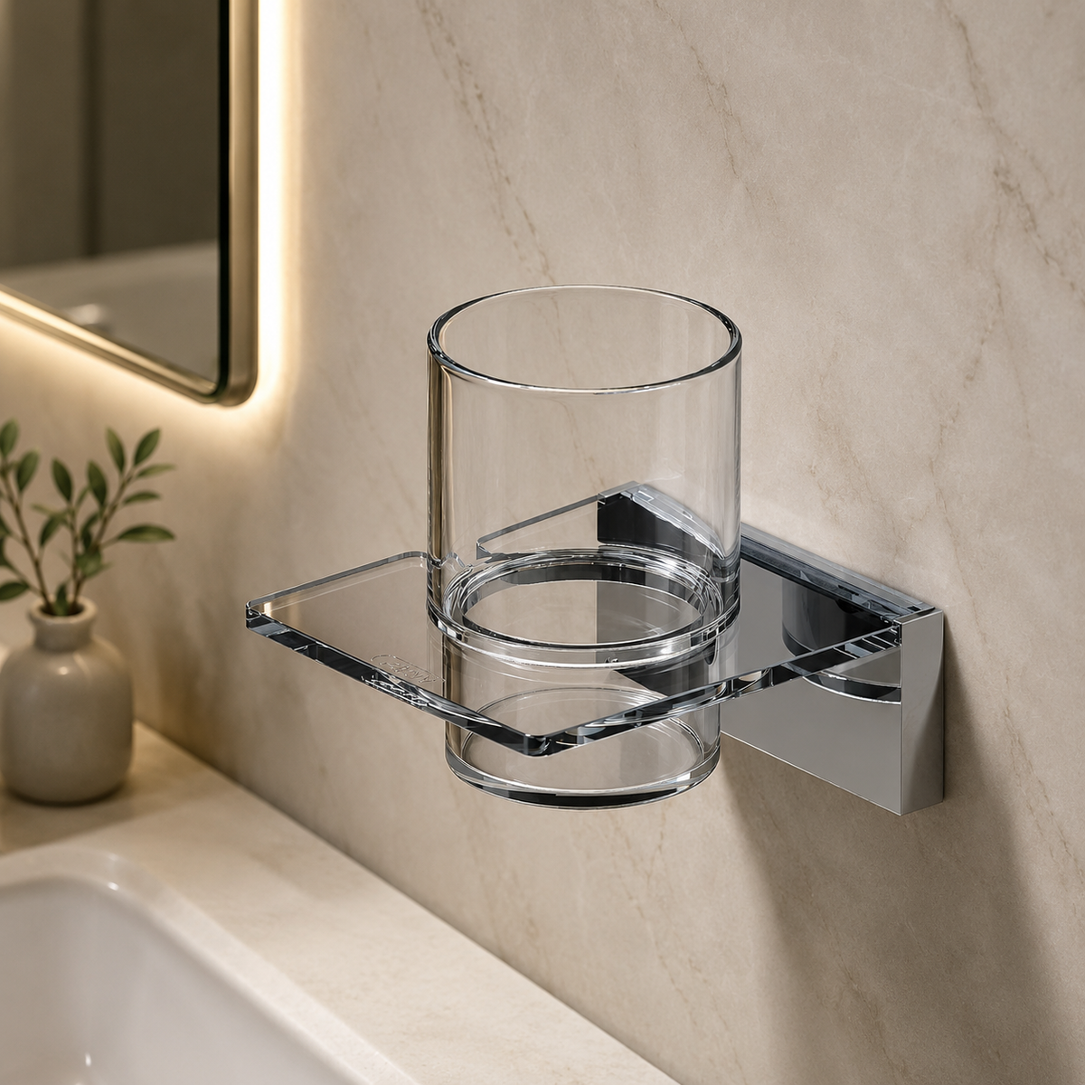 Porte-gobelet Onyx chromé AKW avec gobelet en verre installé près d’une vasque.