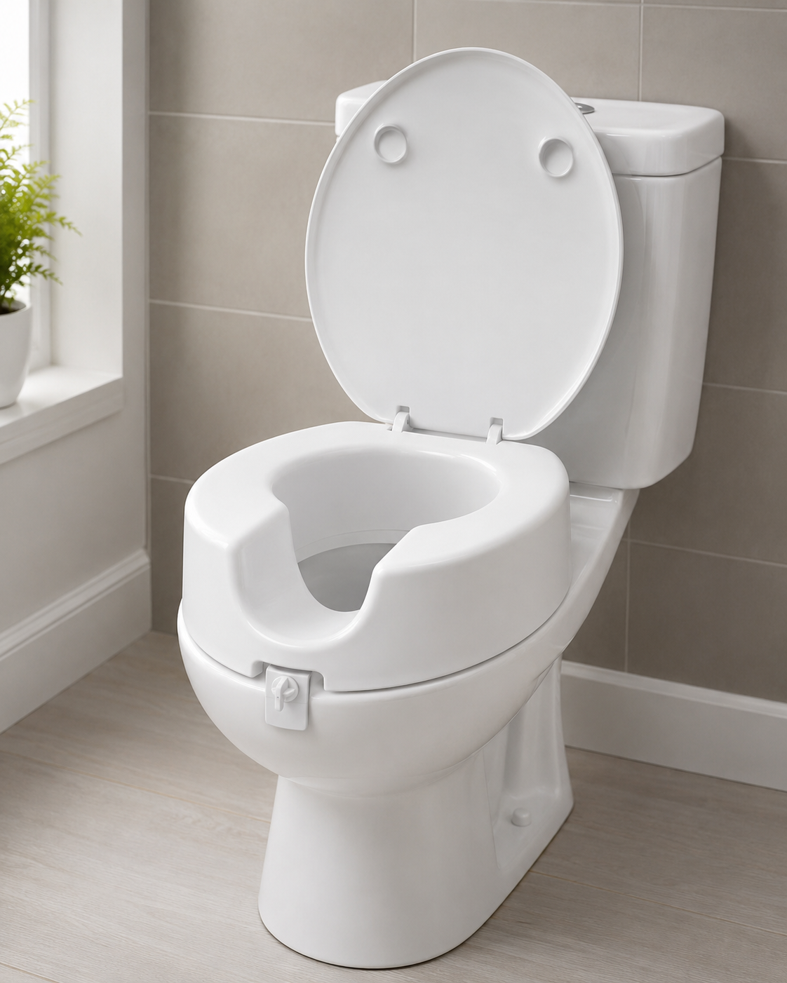 Réhausse WC blanc AKW installé sur des toilettes pour améliorer le confort et l’accessibilité.