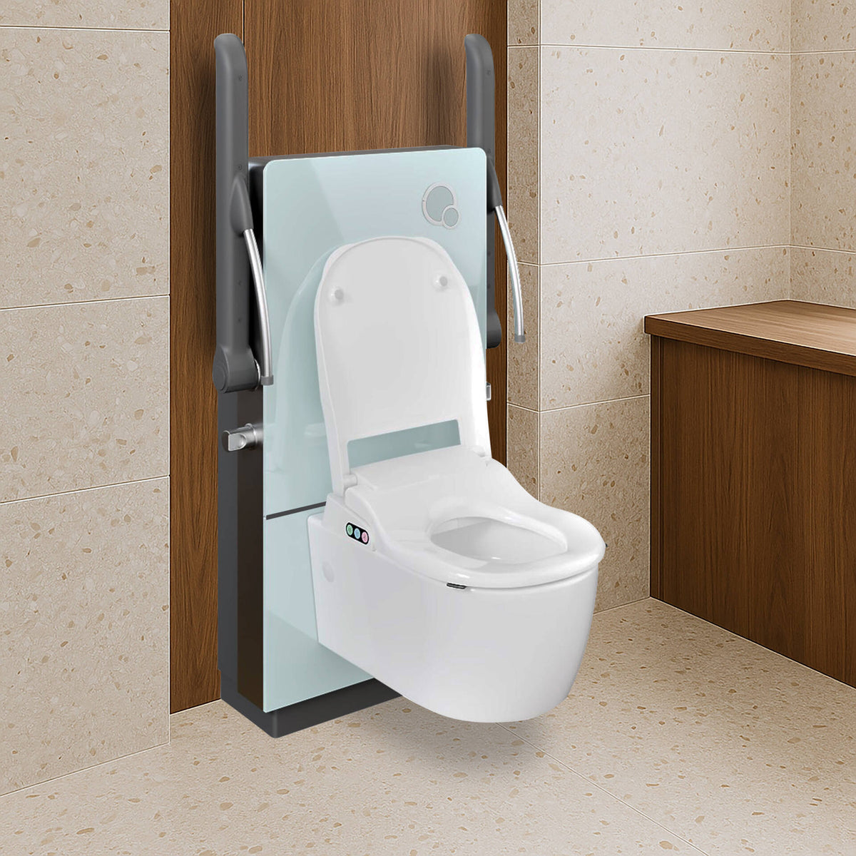 WC Levita AKW installé dans une salle de bains accessible PMR contemporaine.